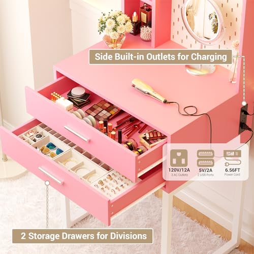 Pink Vanity Desk with Hutch and Drawers and LED Lights U2020