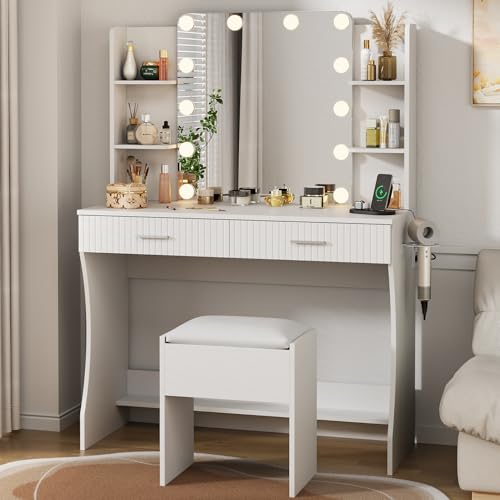 White Vanity Desk with LED Mirror and 2 Drawers P4118