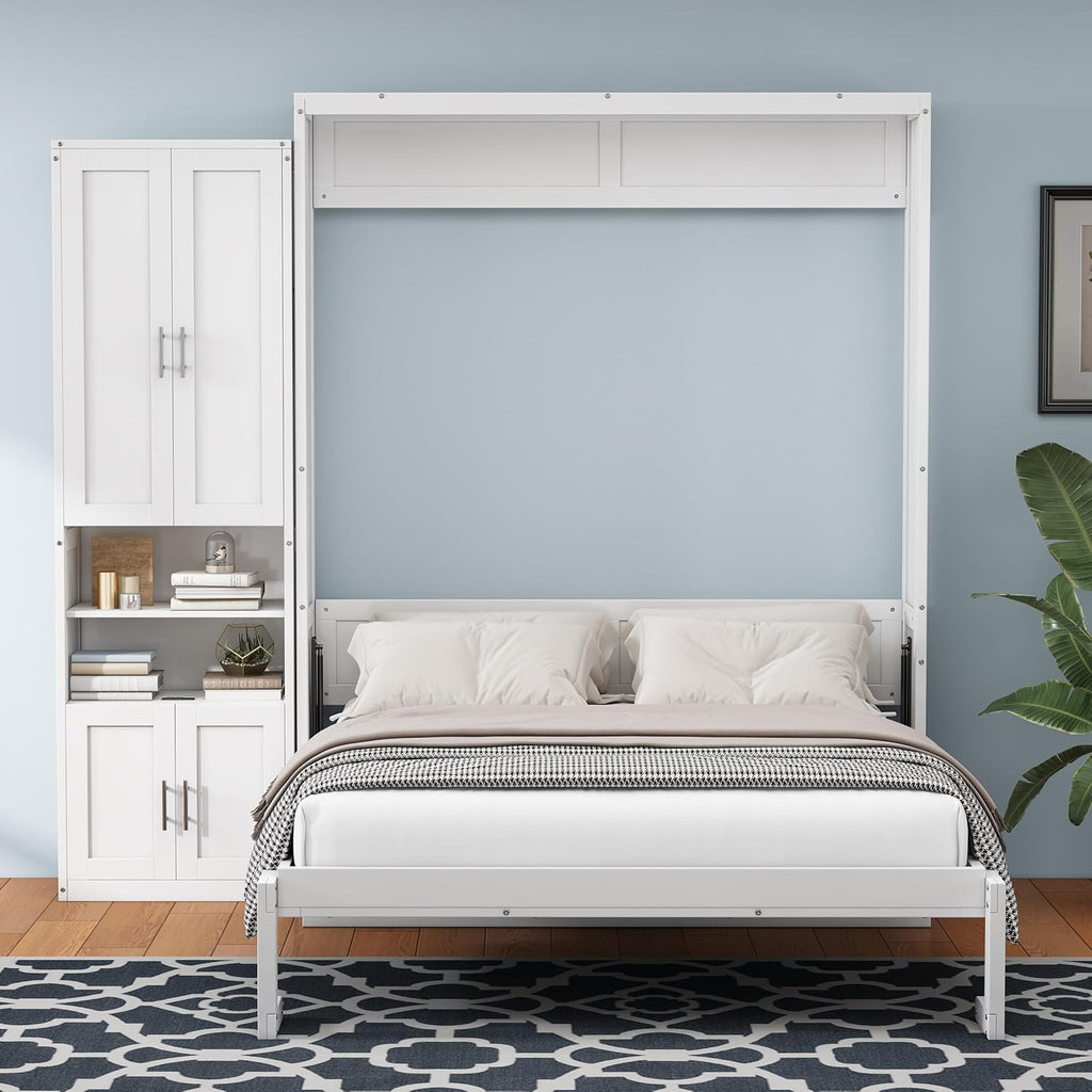 White Queen Size Solid Pine Murphy Bed with Desk and Storage Cabinet D97360