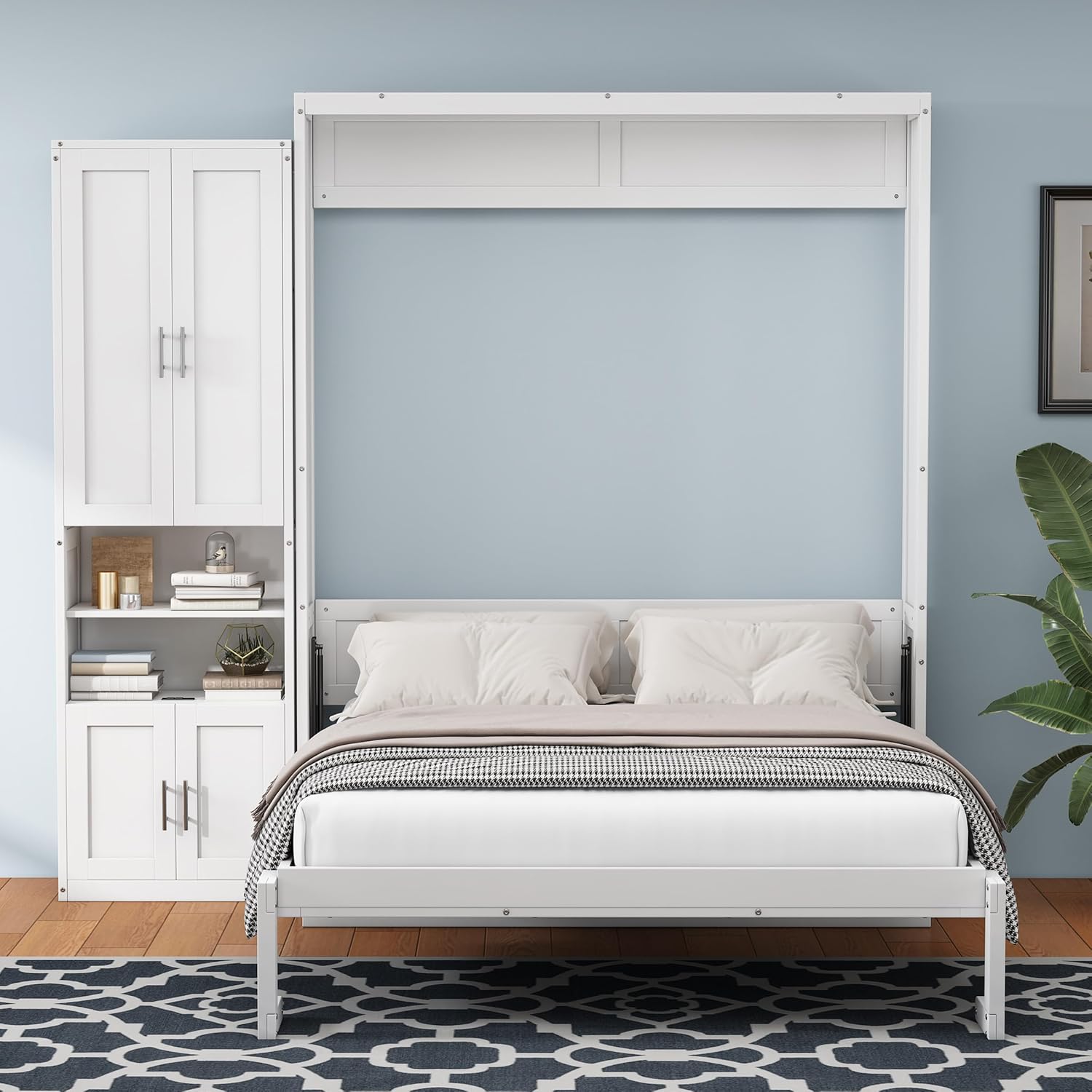 White Queen Size Solid Pine Murphy Bed with Desk and Storage Cabinet D97360