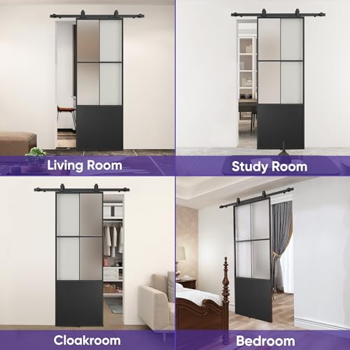 Black 3-Panel Frosted Tempered Glass Sliding Barn Door V43030