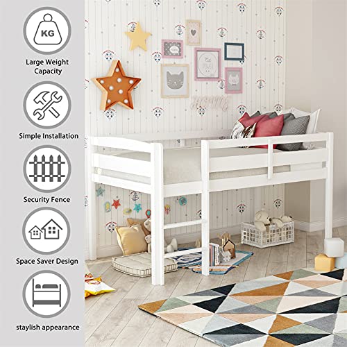 White Twin Size Wooden Loft Bed Frame with Ladder Z9031