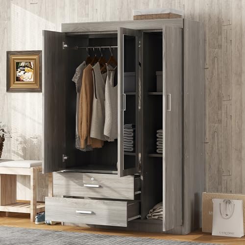 Gray Wood Armoire Wardrobe with Mirror S19775