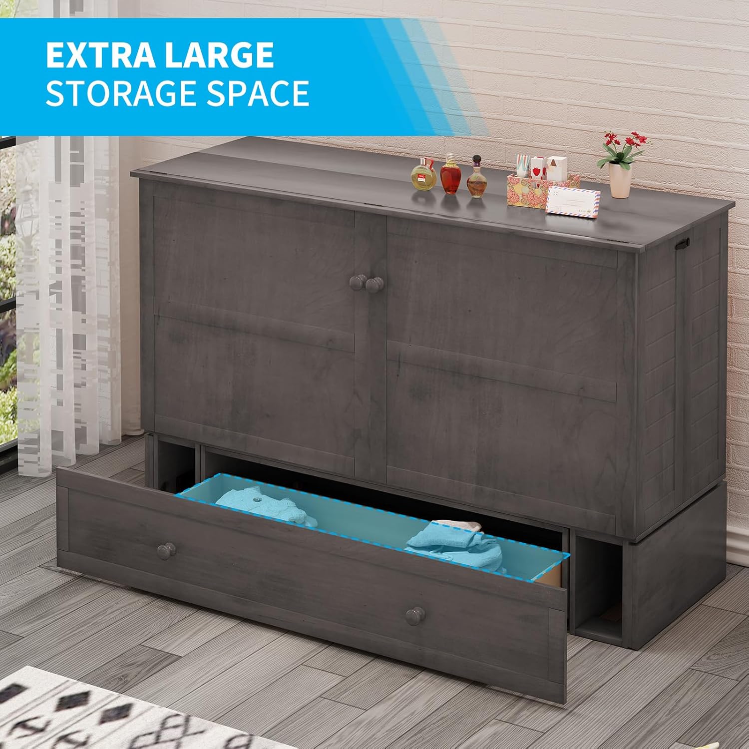 Queen Size Grey Murphy Bed with Foldable Foam Mattress N9888