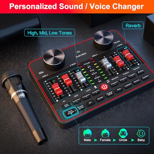 Podcast Microphone Bundle with Live Sound Card Audio Mixer, 3.5mm Condenser Microphone, Sound Board with Voice Changer H6673