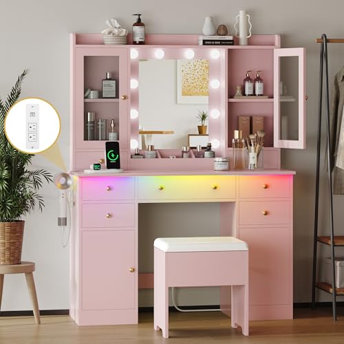 White Vanity Desk with Mirror and Lights and Storage Drawers G174839