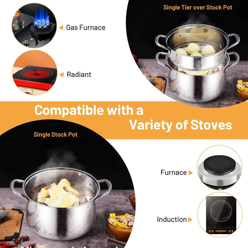 2-Tier Stainless Steel Steamer Pot with Tempered Glass Lid Y279