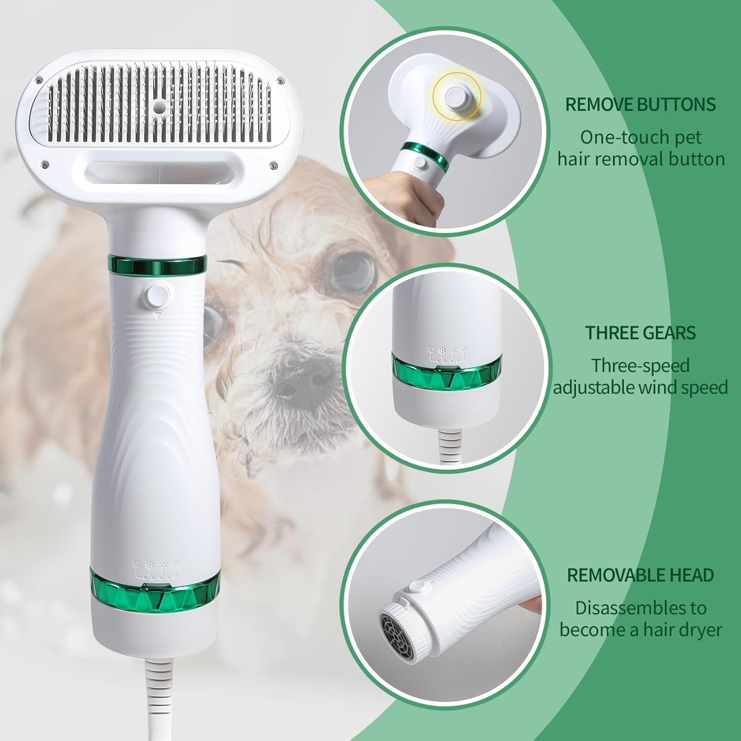 Pet Hair Dryer with Slicker Brush - 3 Heat Settings, One-Button Hair Removal, Portable Dog Blower Z6685
