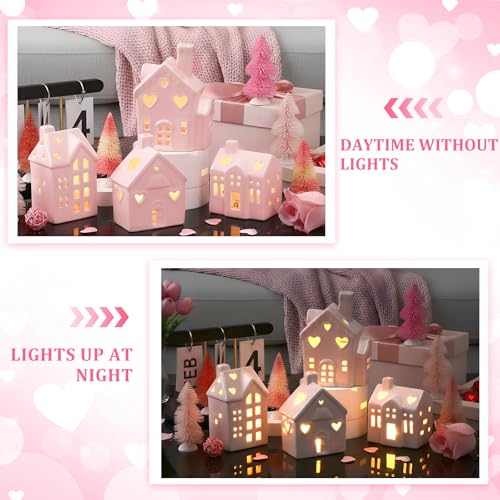 12 Pcs Pink Ceramic Village Decorations with Lighted House Figurines and Mini Pine Trees W3828