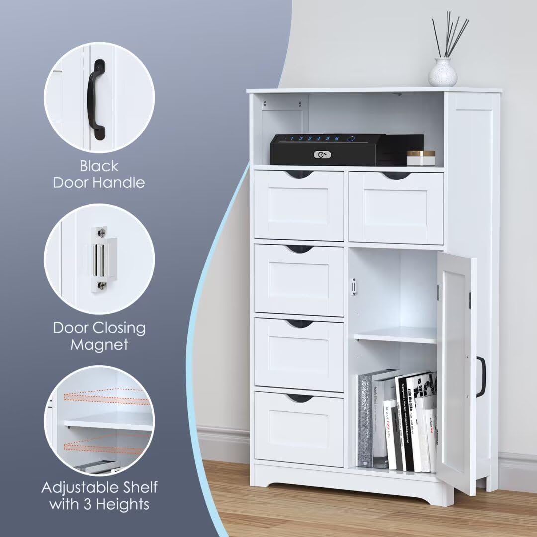 White Wooden Storage Cabinet with Five Drawers and One Door J661580