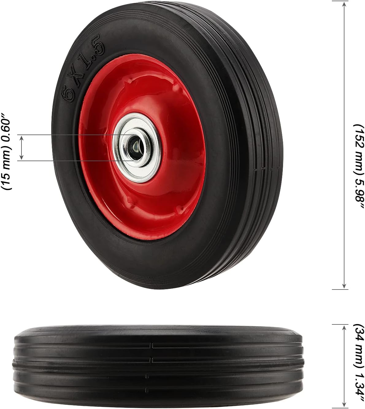 4 Pack 6 Inch Solid Rubber Flat Free Hand Truck Wheel with 5/8 Inch Axle Size E102