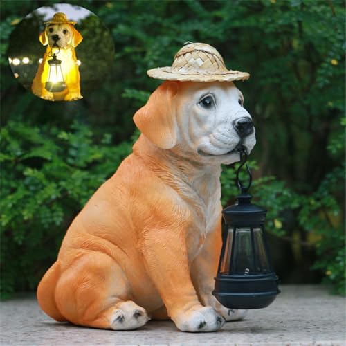 Resin Dog Statues with Straw Hat and Solar Led Lantern E69371