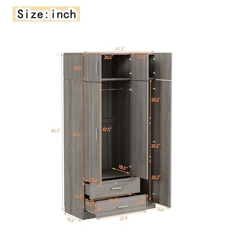 6-Door Wooden Armoire Wardrobe Closet with Mirror, 2 Drawers, 1 Hanging Rod Z242