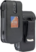 Black Vegan Leather Form-Fit Cover with Built-in Screen Protection and Metal Belt Clip for Alcatel TCL Flip 2 Phone D416411