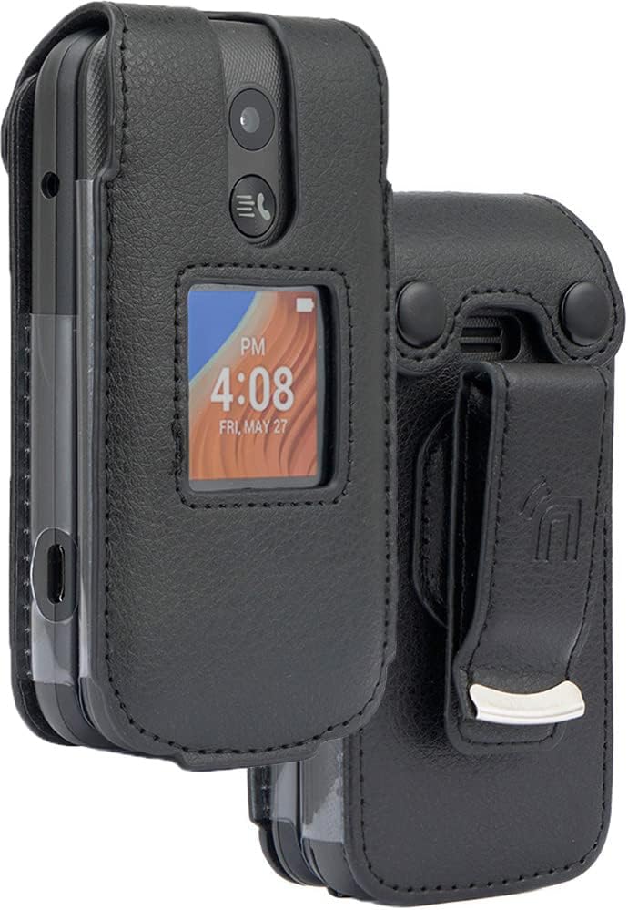Black Vegan Leather Form-Fit Cover with Built-in Screen Protection and Metal Belt Clip for Alcatel TCL Flip 2 Phone D416411