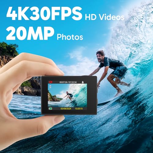 4K30fps Action Camera with 128GB MicroSDXC U3 Memory Card Accessories Kit Ultra HD 131FT Waterproof Camera EIS WiFi Remote Control 4X Zoom Underwater Camera M309