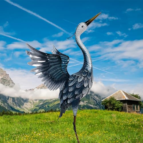 33 Inch Blue Metal Crane Statue X408910