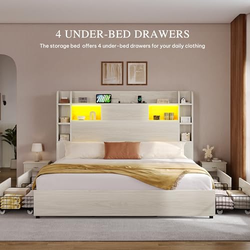Black Queen Bed Frame with Bookcase Headboard and 4 Storage Drawers J343