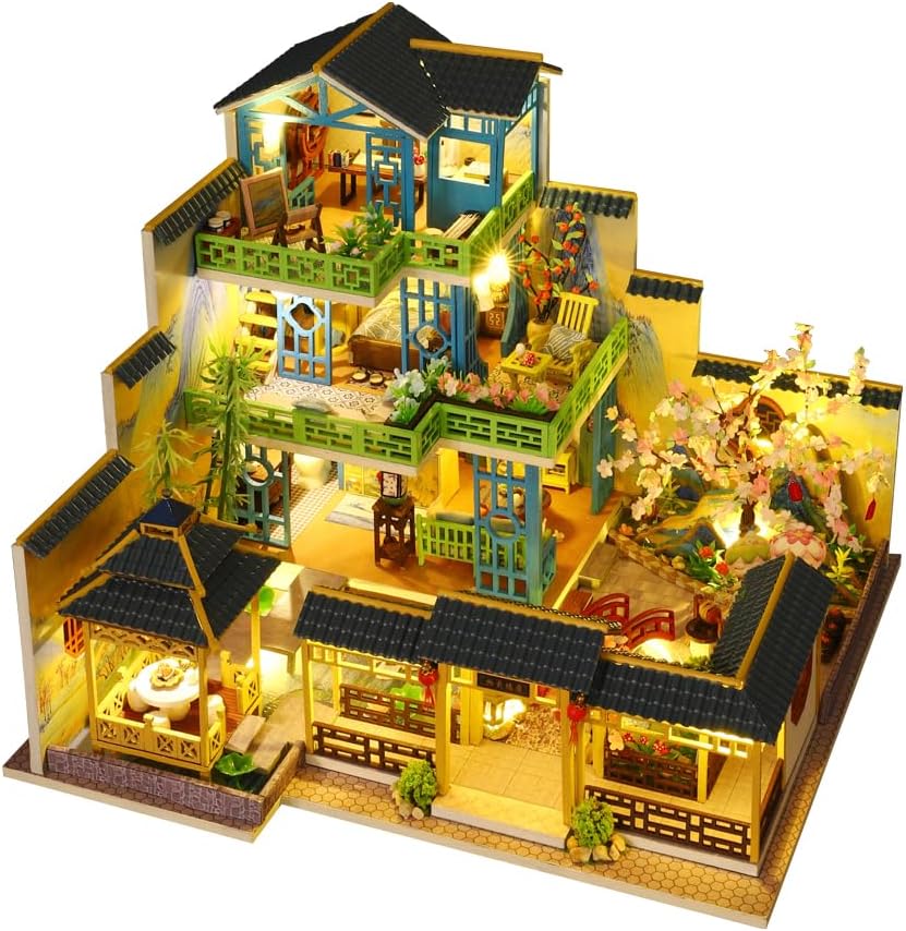 Miniature Three-Storey Villa Dolls House, Wooden Furniture, DIY Dollhouse Kit with LED Z23570
